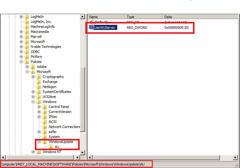 Registry changes required for WSUS Disable