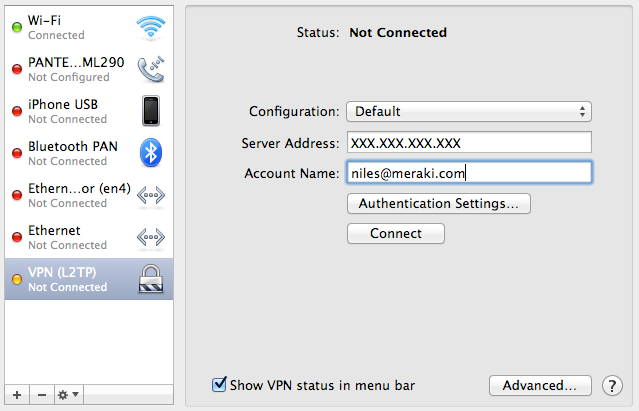 cisco meraki vpn client setup window